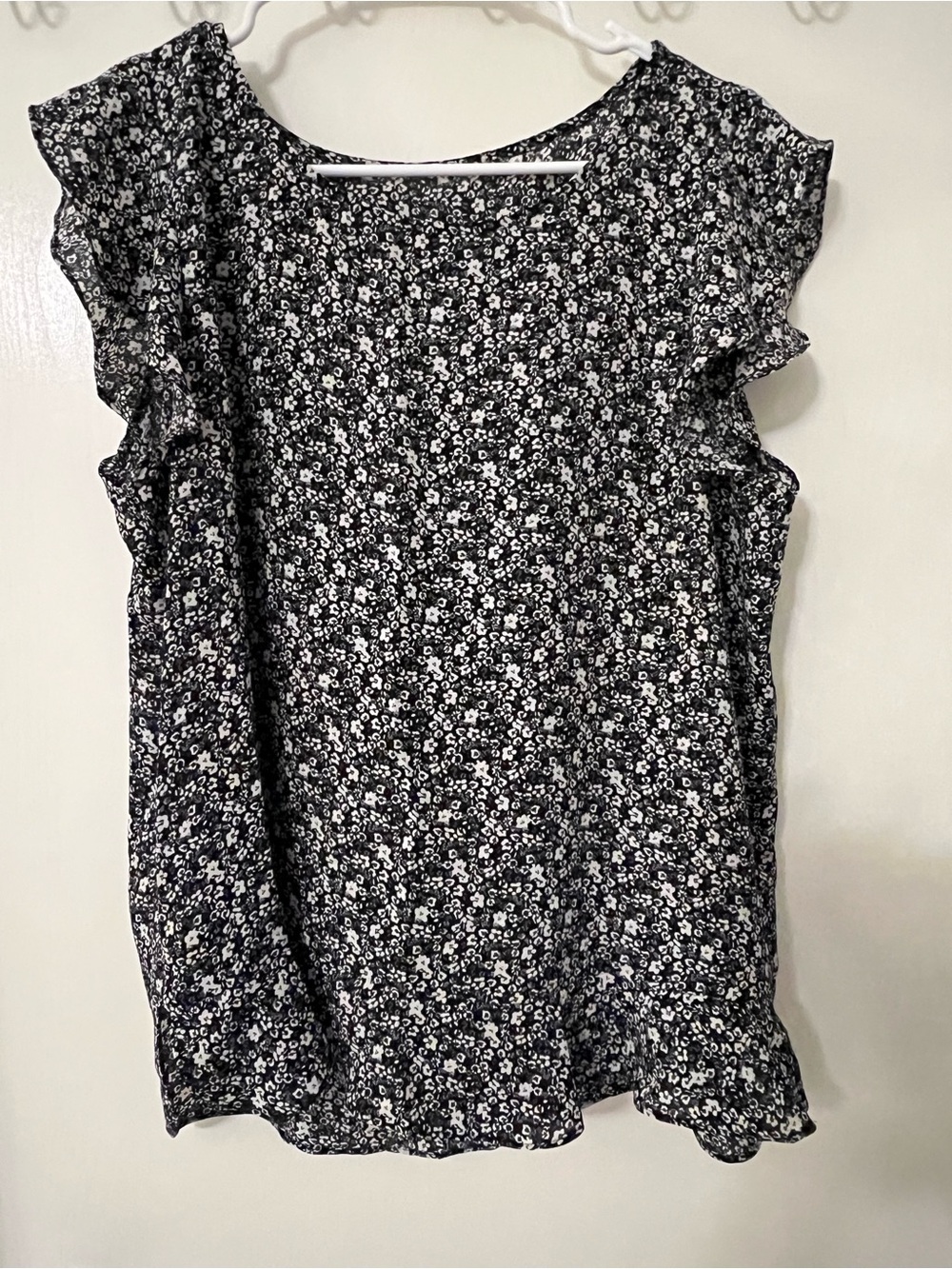 Black & White Floral Flow Cap Flutter Sleeve T-Shirt Blouse Women XL